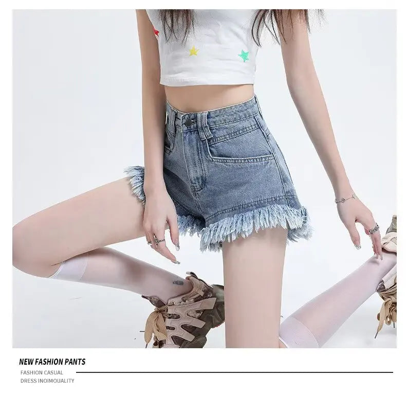 Women's Pear-shaped Friendly Denim Shorts 2026 Summer New High Waist Frayed Hem Casual Streetwear Wide Leg Hot Pants