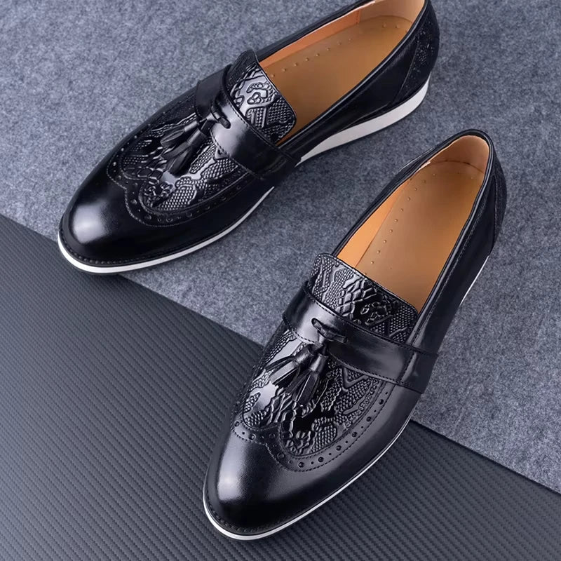 Black Dress Tassel Loafer Leather Shoes for Men Zapatos Para Hombre Upper Print Casual Shoes Daily Wear Business Leather Shoes