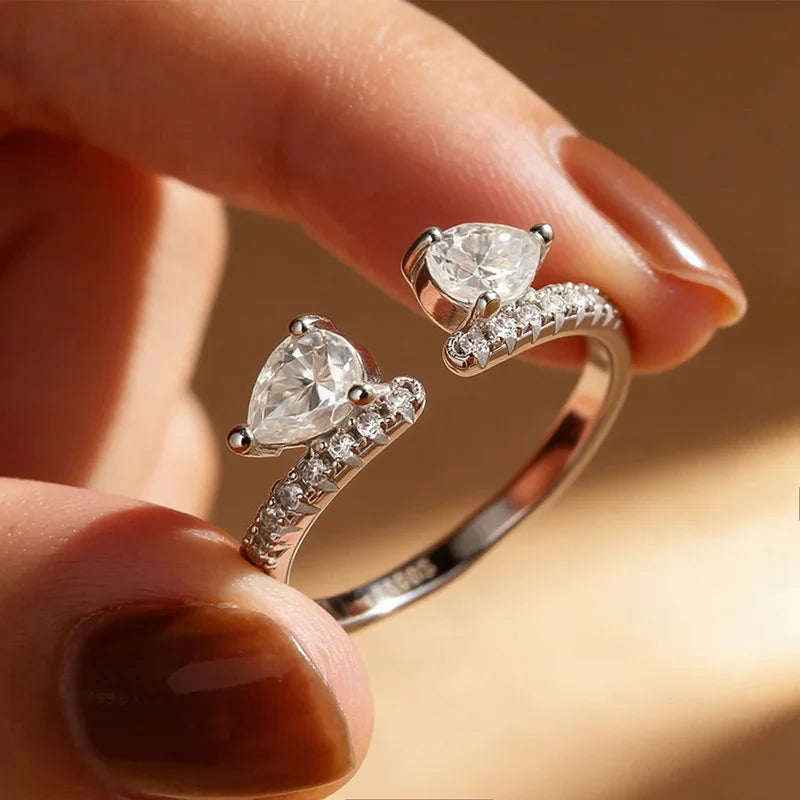 Double Pear Cut Moissanite Rings for Women Adjustable 5-9 Size Lab Diamond Wedding Female Jewelry 925 Sterling Silver