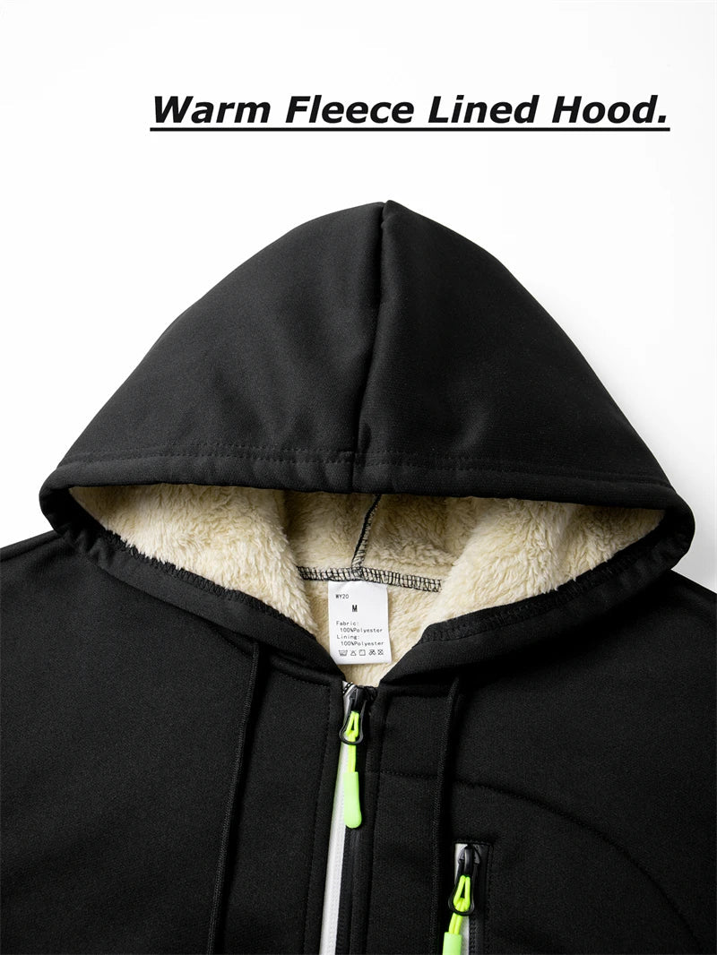 Men's Winter Warm Sherpa Plush Lined Jacket Casual Zip Up Hooded Coat with Zipper Pockets Male Fleece Outerwear Outfits Tops