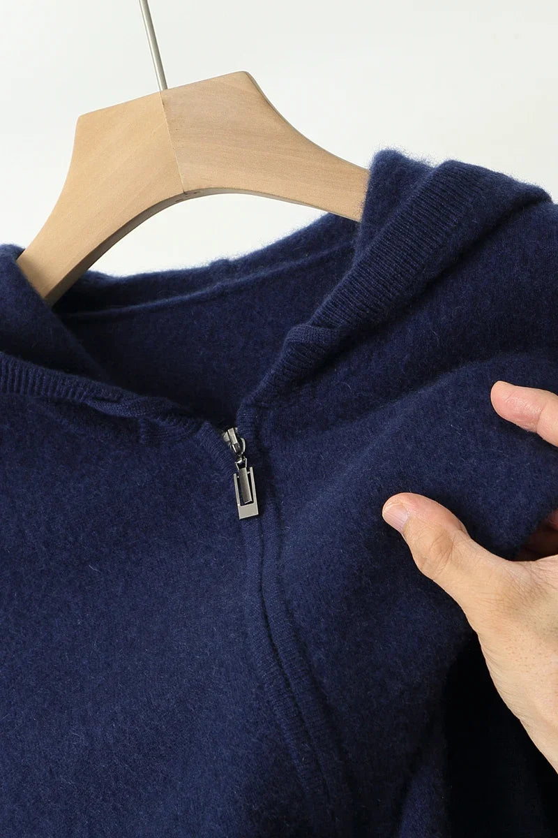 2025 New Men Knitted Plane Hooded Cardigan Cashmere Sweater Zipper Design Pocket Decoration High quality Thick Warmth Hoodie
