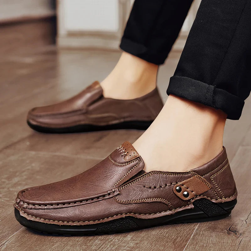 Men’s leather loafers slip-on soft sole business casual driving shoes brown