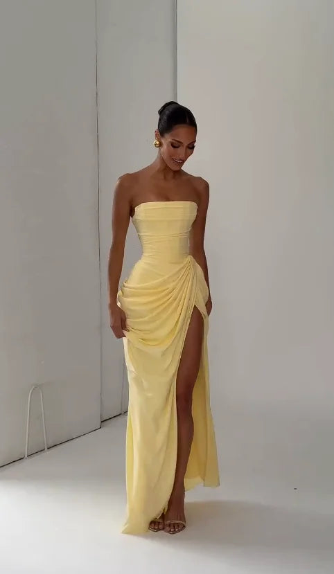 Lady Sexy Strapless Split Solid Pleated Dress Women Chic Backless High Waist Off-shoulder Dresses 2026 New Evening Party Gowns