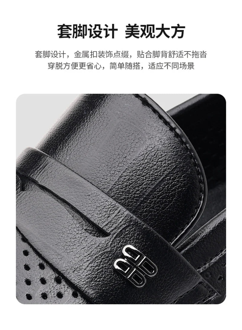 Mens Black Penny Loafers With Perforated Detail Slip On Comfortable Breathable Dress Shoes For Business Office And Summer Wear