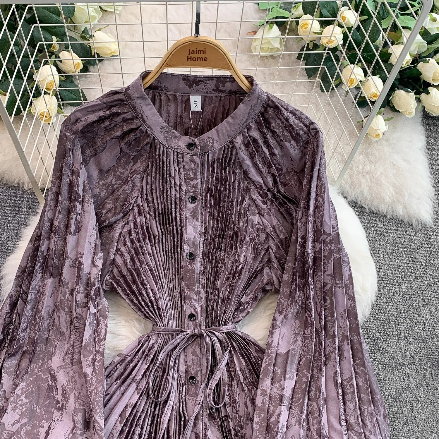 Printed round Ne Lantern Sve Dr Women's Single Button Waist Cinch Maxi Skirt Long Dr Commute Sle Autumn