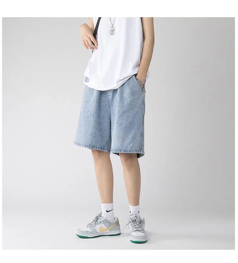 Wide Baggy Denim Shorts Men Summer Thin Solid Color Casual Loose Knee-length Pants Male Jeans Shorts Streetwear