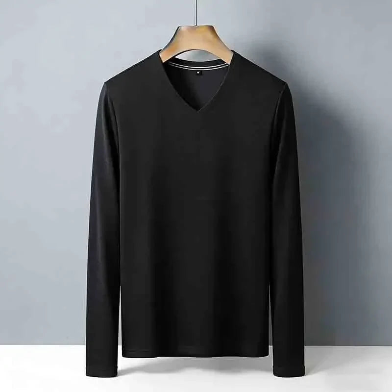 Minimalist Men's V-neck Long Sleeve T-shirt Soft Knitted Fabric Comfortable Top for All Seasons