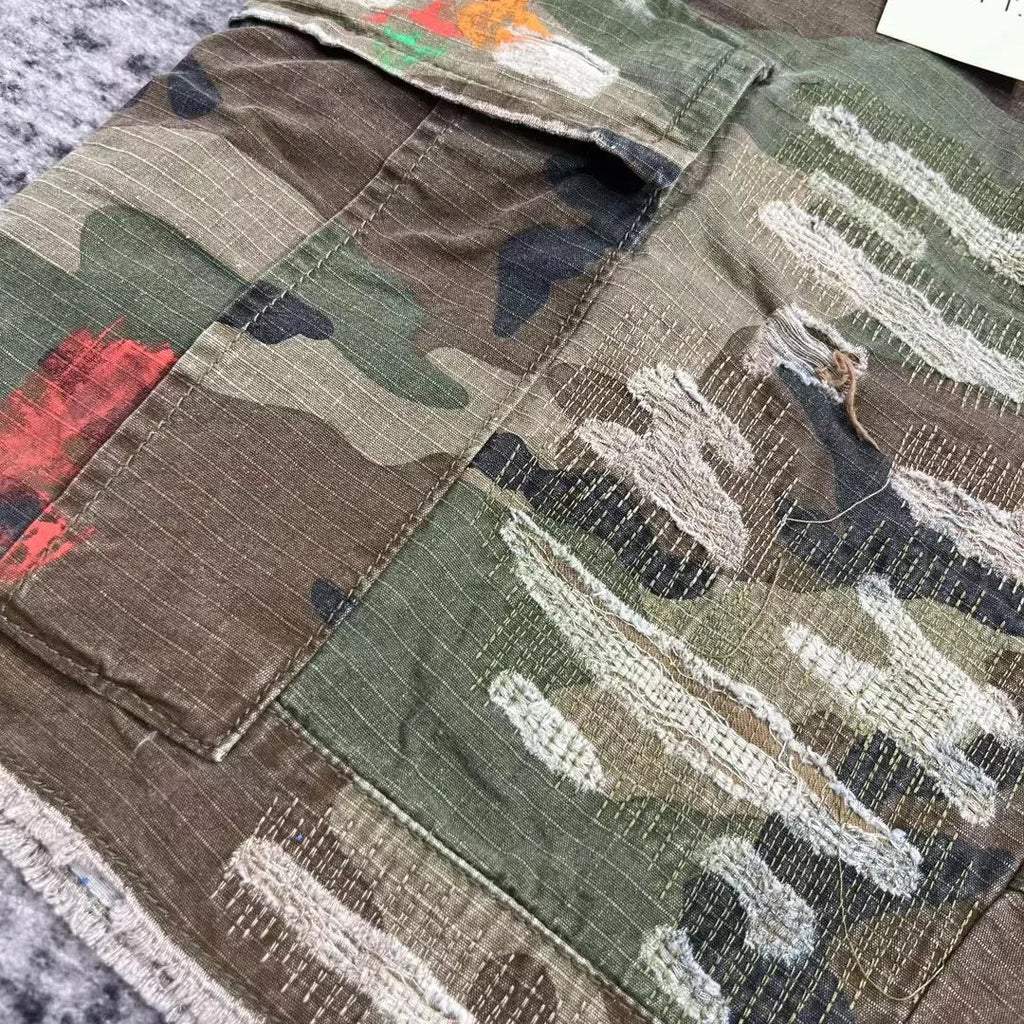 Summer Fashion Camouflage Splicing Leather Letter Washed Retro Knee Jeans Men Women Shorts