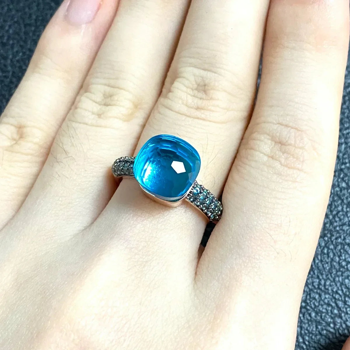 10.6mm Elegant Blue Topaz Zircon Ring Dual Tone Black Gun & Rose Gold 30 Colors Candy Crystal Jewelry Gift for Women