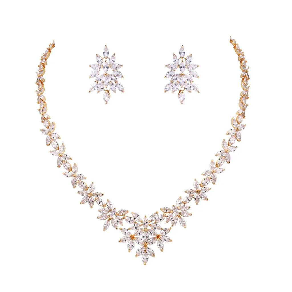Brand Luxury Marquise Cut Cubic Zirconia Cluster Wedding Necklace and Earring Bridal Jewelry Set