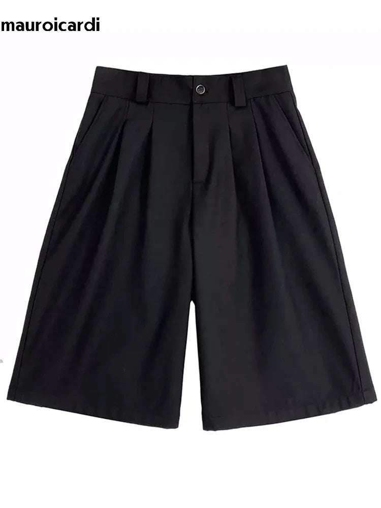 Spring Summer Loose Casual Soft Black Pleated Shorts for Men Mens with High Waist Short Straight Pants Clothes 2024