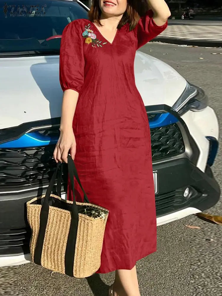 Women V Neck A-line Vestidos Solid Holiday Casual 2024 Summer Dresses Commute Half Sleeve Floral Embroidery Midi Dress