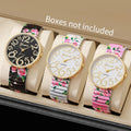 1/2/3/4PCS Fashion Flowers Printed Women Watch Luxury Elastic Strap Arabic Quartz Watches Reloj Mujer Girls Clock（Without Box）