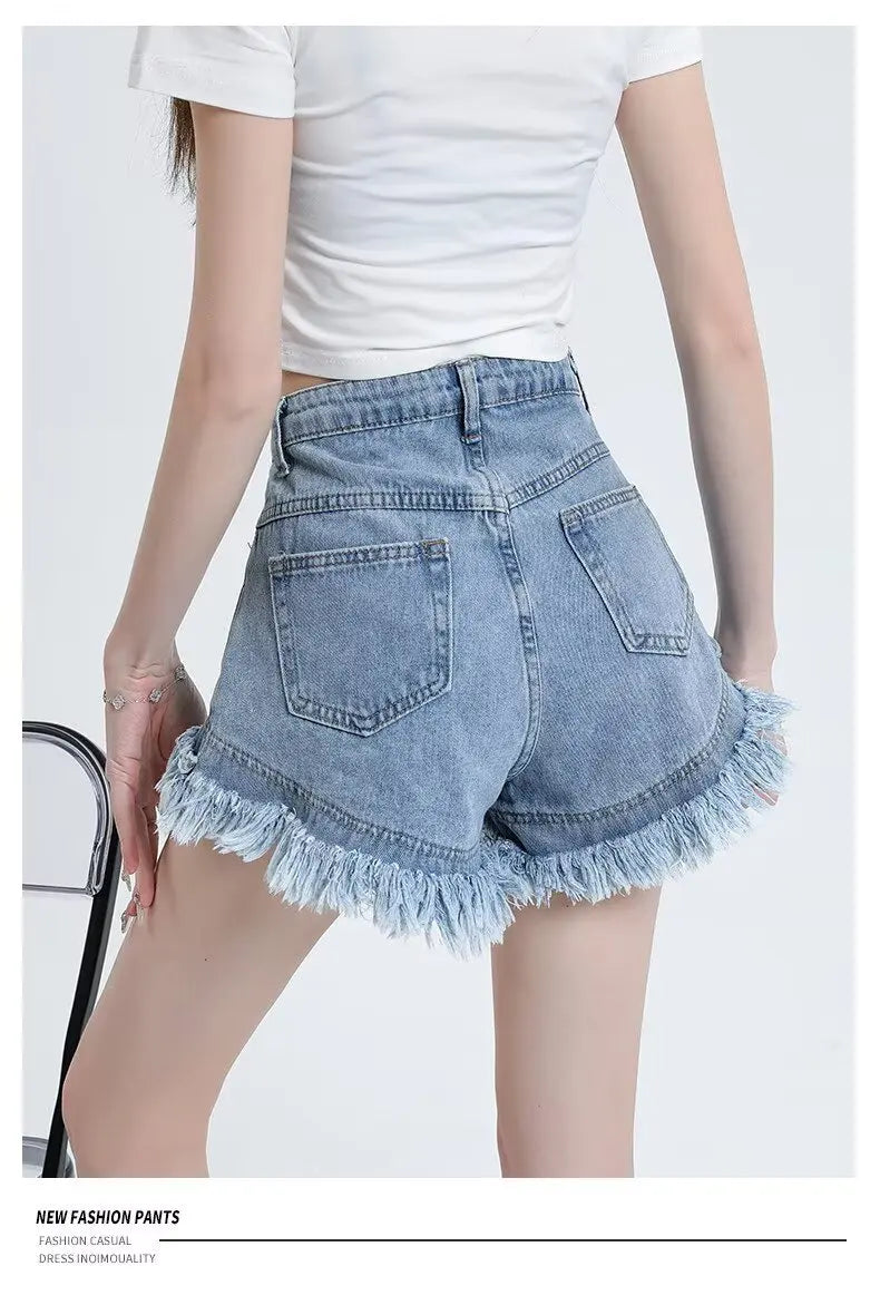 Women's Pear-shaped Friendly Denim Shorts 2026 Summer New High Waist Frayed Hem Casual Streetwear Wide Leg Hot Pants