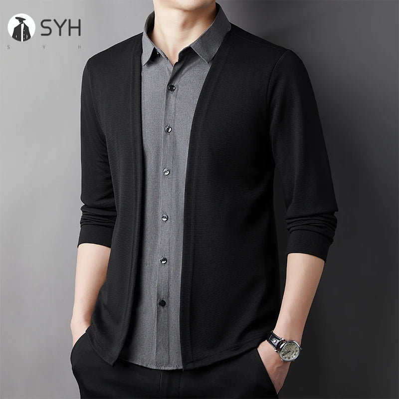 Men's Casual Long Sleeved Shirt Fake Two Piece Comfortable Outdoor Cardigan Korean Version Solid Color Fashionable Versatile Top