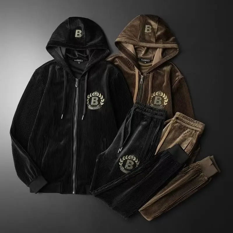Autumn Men's Sportswear Solid Color Solid Color Zipper Hooded Pocket Jacket Drawstring Trousers Sports Clothing Set