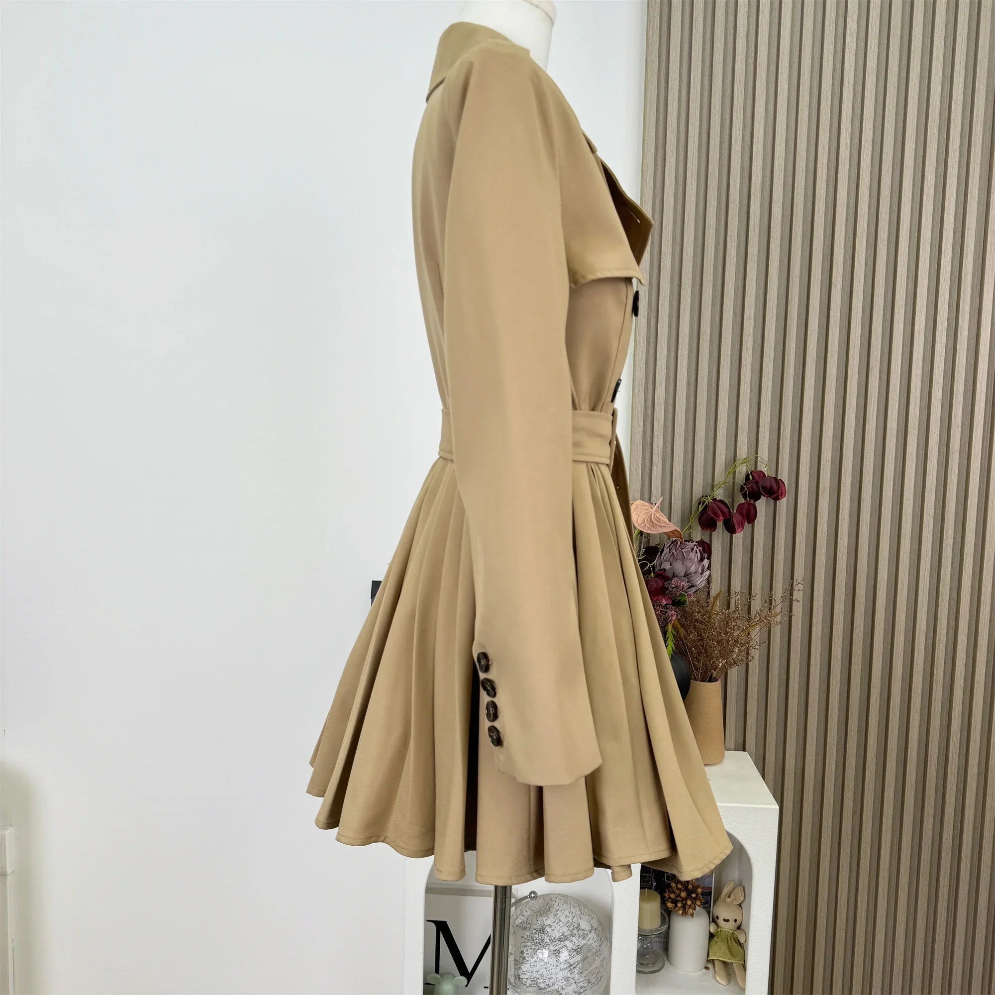New Autumn Winter Women's Windbreaker Dress Mini Skirt Long Sleeve Empire Waistline Outerwear Female Long Coat N967
