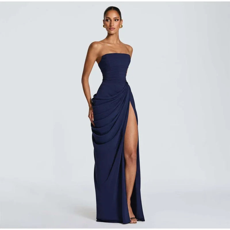 Women Strapless Pleated Long Dress Elegant Solid Split Sleeveless Backless High Waist Slim Fit Maxi Dresses 2026 Lady Party Robe