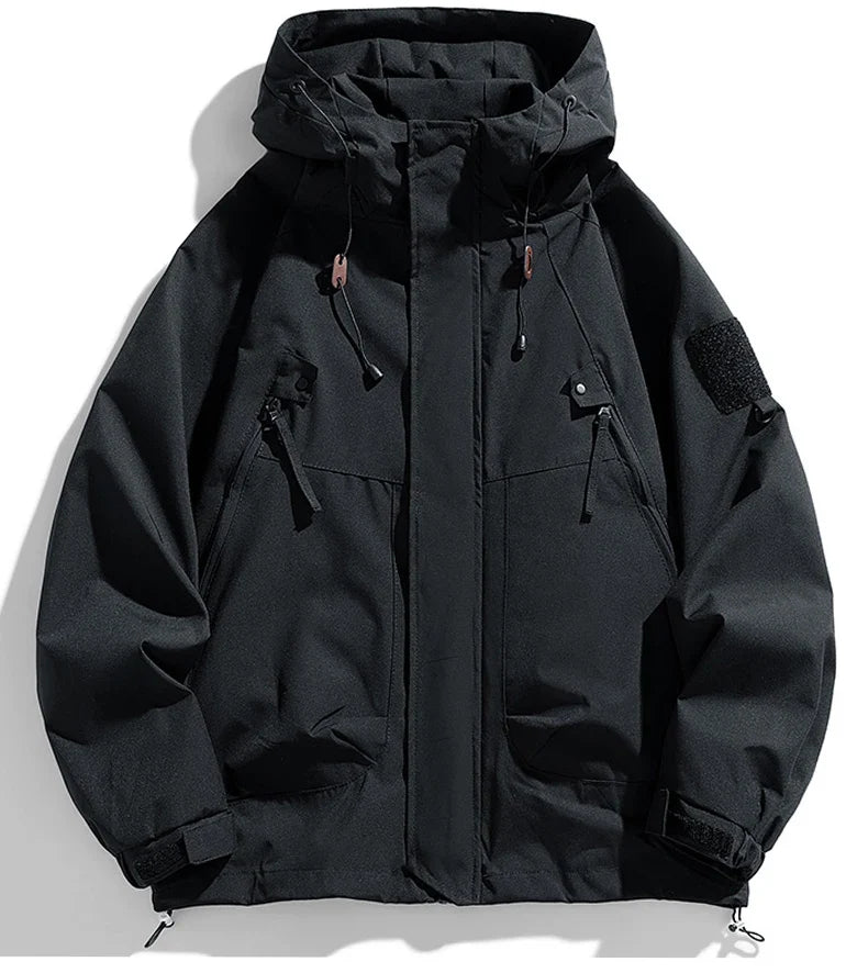Windbreakers Men Hooded Jacket Zipper Coat Cargo Waterproof Black Bomber Camping Loose Thin Softshell Hooded Hiking Jacket