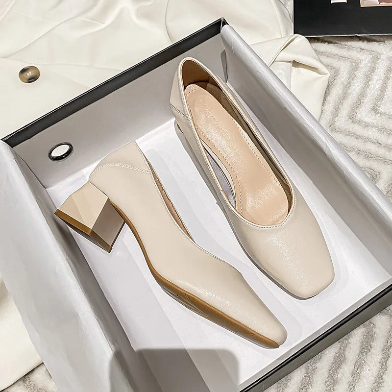 genuine leather med-high heels shoes for women square toe pumps cowhide zapatos mujer elegantes tacones bajos OL shoes size 43