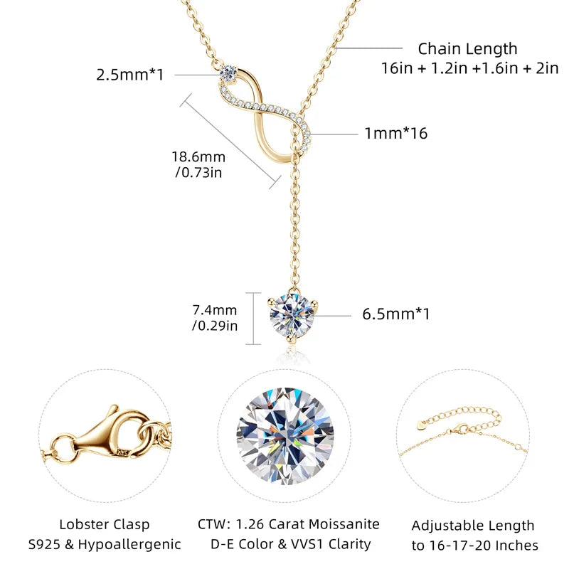 Round Moissanite Y-shape Lariat Cross Heart Infinite Pendant Necklace Chain for Women 925 Sterling Silver Jewelry Gifts