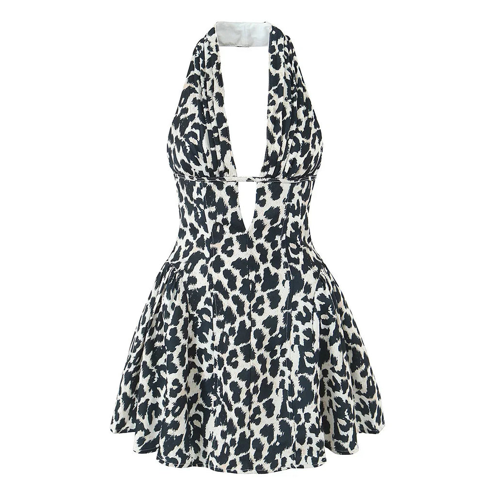 French Style Retro Polka Dot Deep V Halter Dress Women Sexy Backless A-line Slim Sweet Elegant Mini Dresses Summer Robe