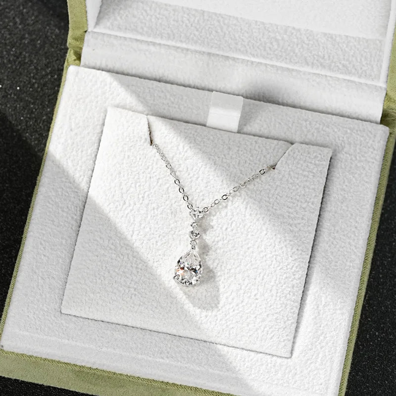 2CT Moissanite Waterdrop Pendant Necklaces 925 Sterling Silver Necklace Chain for Women Girl Wedding Fine Jewelry Gift