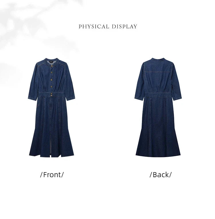 Women Denim Dress Retro Style Casual 2024 Spring Round Neck Three-quarter Sleeve Slim Fit A-line Fishtail Dress