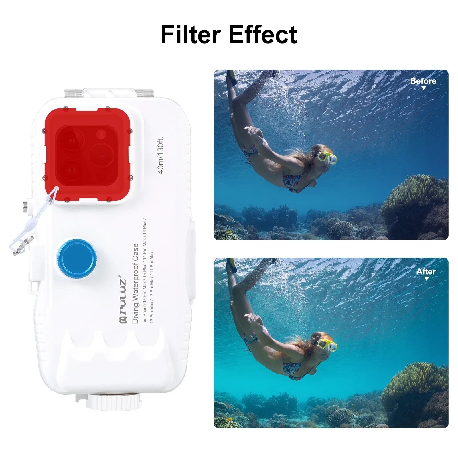 PULUZ 40m/130ft Waterproof Diving Case for iPhone 16 15 14 13 12 11 Pro Max Plus Photo Video Taking Underwater Housing Cover