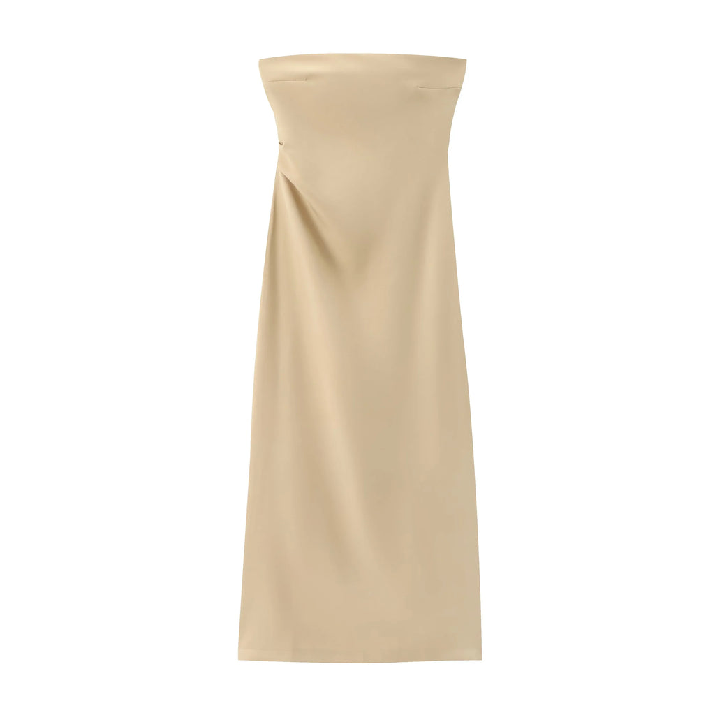 Women Fashion Summer New Sexy Split Back Zip Pleated Sleeveless Strapless Dress Chic Female French Elegant Evening