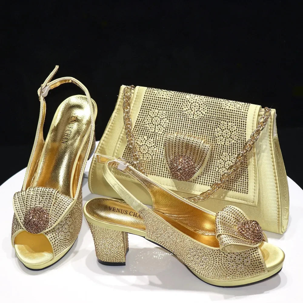 Ladies Thin Heels Shoes and Bag Set Decorated with Rhinestones For Women Party