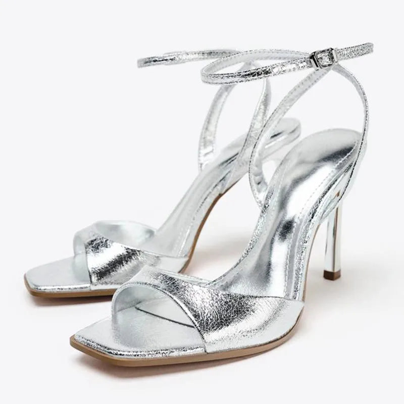 Silver Patent Leather Ankle Buckle Heeled Sandals Women Elegant Square Toe Open Toe High Heels Summer Sexy Party Dress Shoes