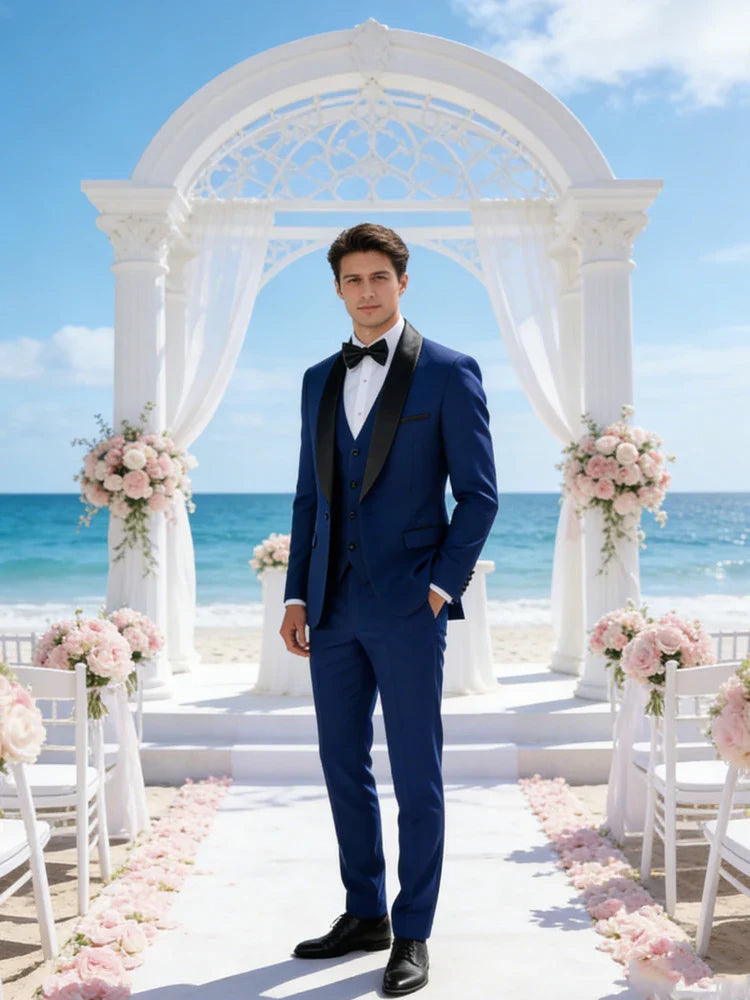 Men's 3 Piece Tuxedo Suit Set One Button Satin Shawl Lapel Slim Fit Blazer Vest Pants For Formal Business Wedding Groom
