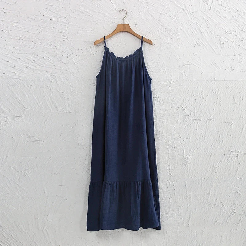 Vintage Muslin 100% Cotton Gauze Summer Dress Women Loose Sexy Sleeveless Ruched Long Maxi Desses Chic Vestidos
