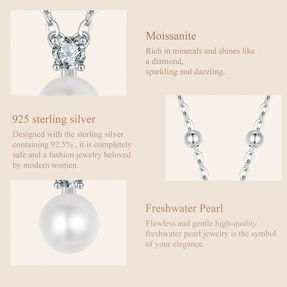 Shiny Moissanite Pearl Pendant Necklace For Women Wedding Party 925 Sterling Silver with White Gold Plating Jewelry