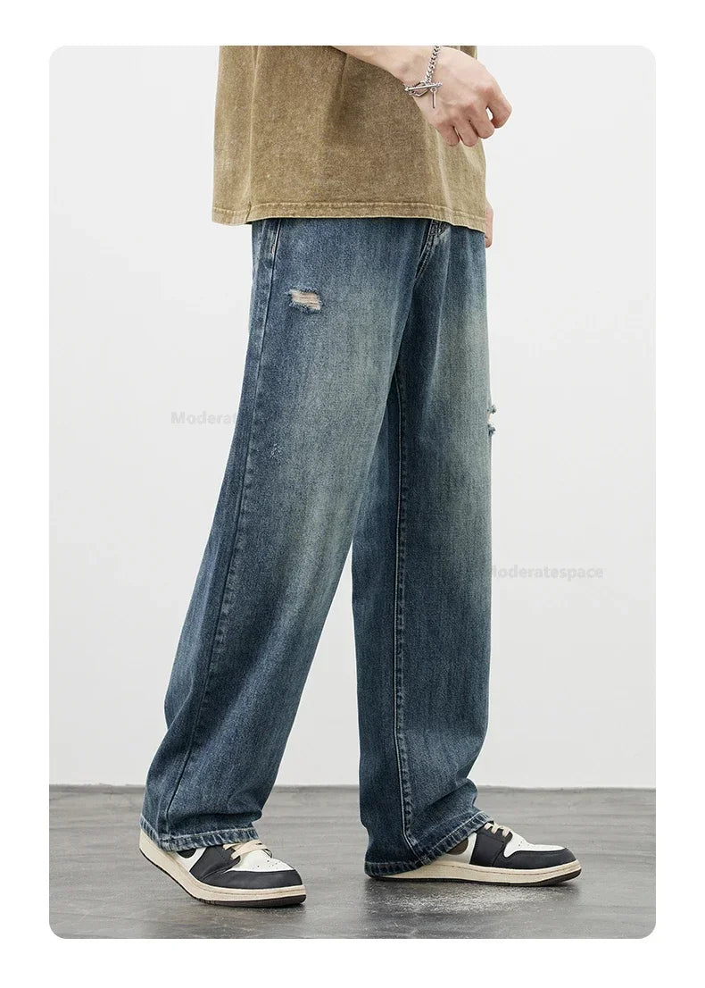 Korea Baggy Cargo Jeans Men Vintage Straight Ripped Y2k Pants Fashion Frayed High Street Distressed Denim Trousers Male Clothes
