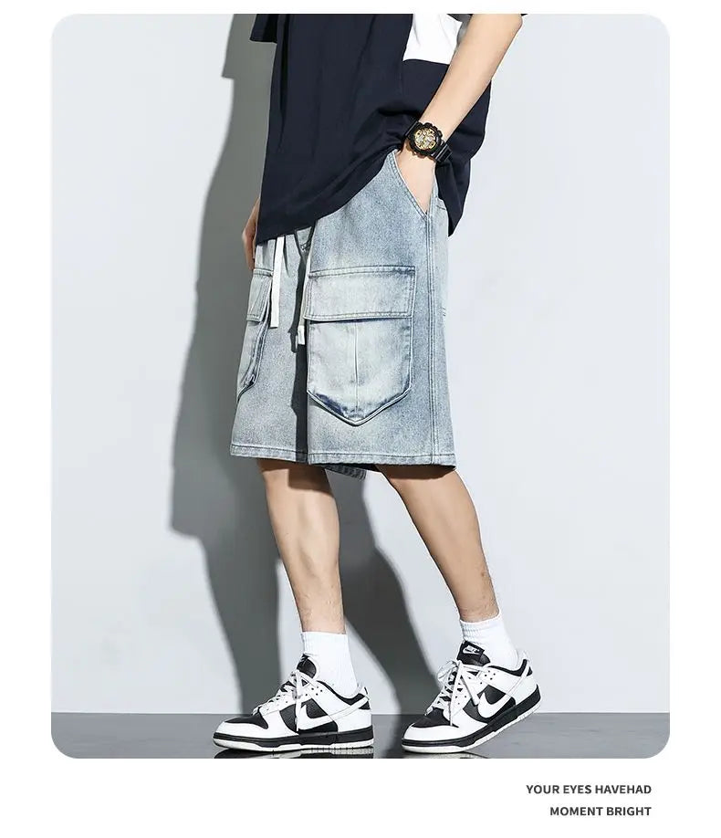 Bermuda Men's Denim Shorts Summer New Fashion Loose Jeans Casual Vintage Drawstring Cargo Short Pants Male Streetwear