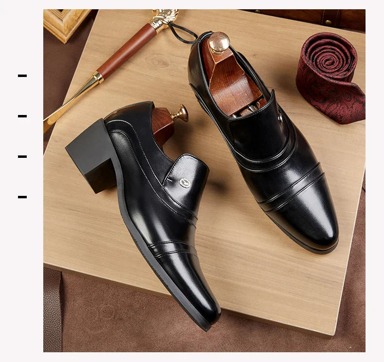 Men Business Formal Height Increasing Leather Shoes Classic Retro Elevated Loafers Lift Dress Shoes for Wedding Banquet Office