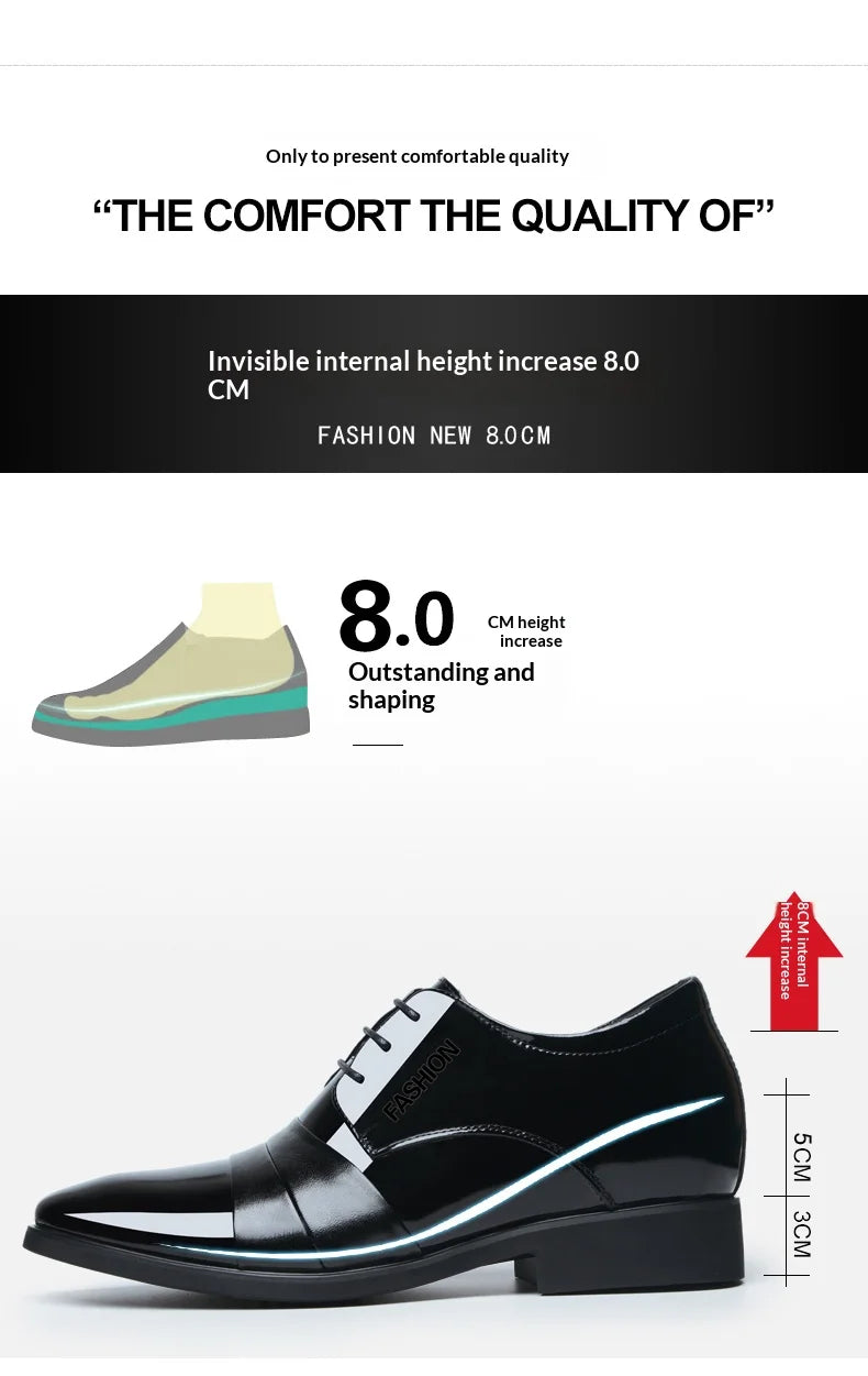 6cm/8cm Height Increasing Mens Formal Dress Shoes Cow Leather Elevator Shoes Business Office Oxfords Wedding Party Social Shoes