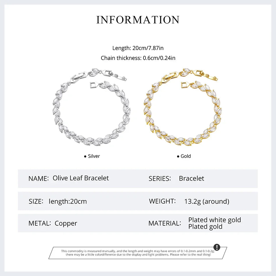 White Gold Plated Sparkling Cubic Zirconia Classic Olive Leaf Bracelet, Gold Bracelets for Women Fashion Jewelry YIB069