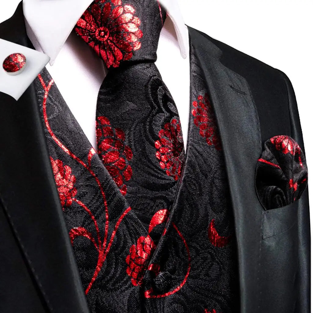 Black Red Floral Mens Vest Tie Set Jacquard Waistcoat Sleeveless Jacket Necktie Hanky Cufflinks Wedding Business XXL