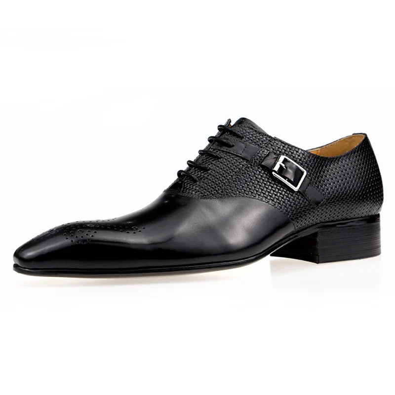 Mens Formal Genuine Leather Shoes Fashion Zapato Social Male Wedding Dress Loafer Weave Printing Lace-up Daily Brogue Shoes
