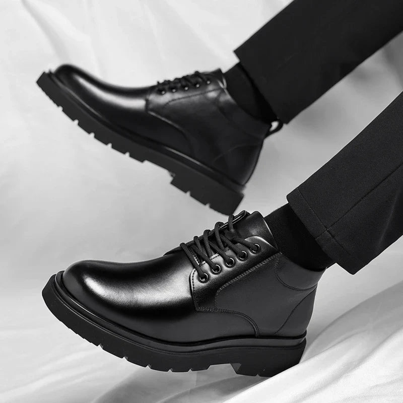 Mens Black Leather Lace Up Mid Top Boots Winter Warm Formal Business Office Wedding Shoes Black Work Boots Fashionable Dad Shoes
