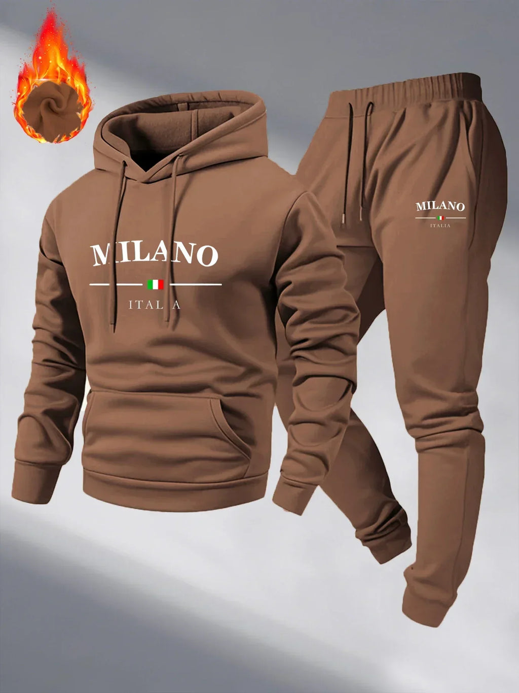 Men's Fleece Warm Hoodies Sets MILANO Printing Tracksuit Hooded Sweatshirt + Drawstring Pants Sportswear Two-piece suit