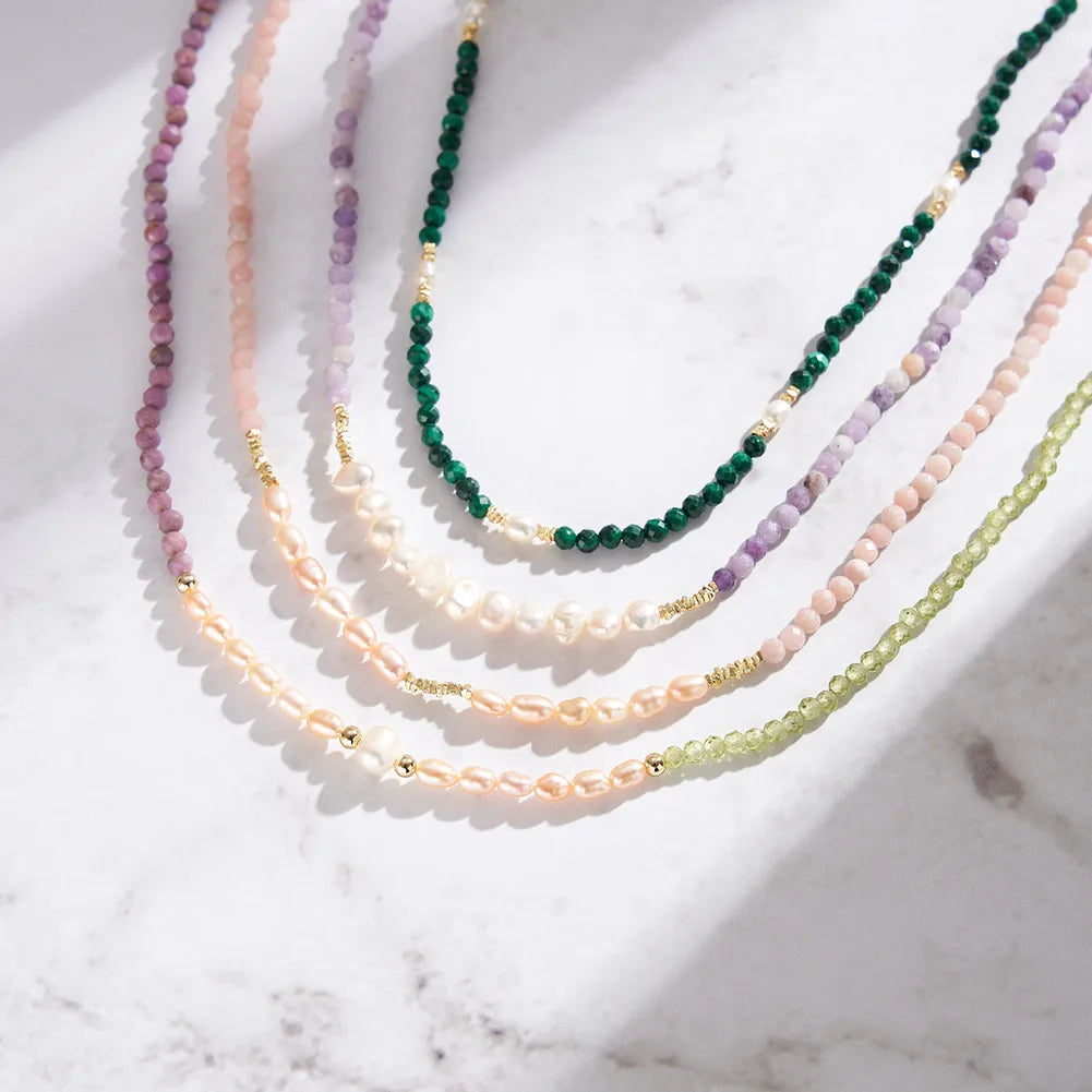 Natural Stone Beaded Purple Mica&Freshwater Pearls Round Shape Necklace 925 Silver for Women Choker Wholesale MPN04