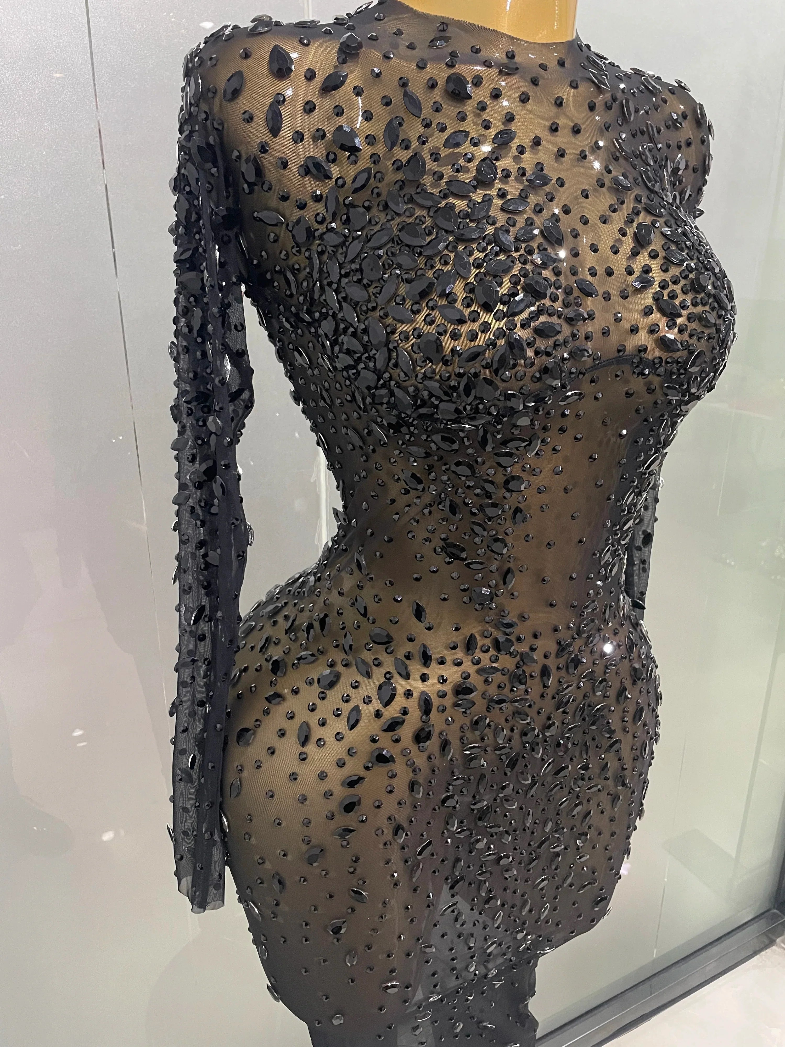 Sexy Shinny Rhinestone Stretch Mesh Transparent Long Dress 2025New Women Evening Birthday Party Prom Nightclub Singer Stage Wear