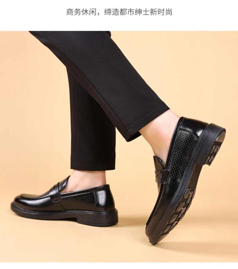 Mens Black Penny Loafers With Perforated Detail Slip On Comfortable Breathable Dress Shoes For Business Office And Summer Wear