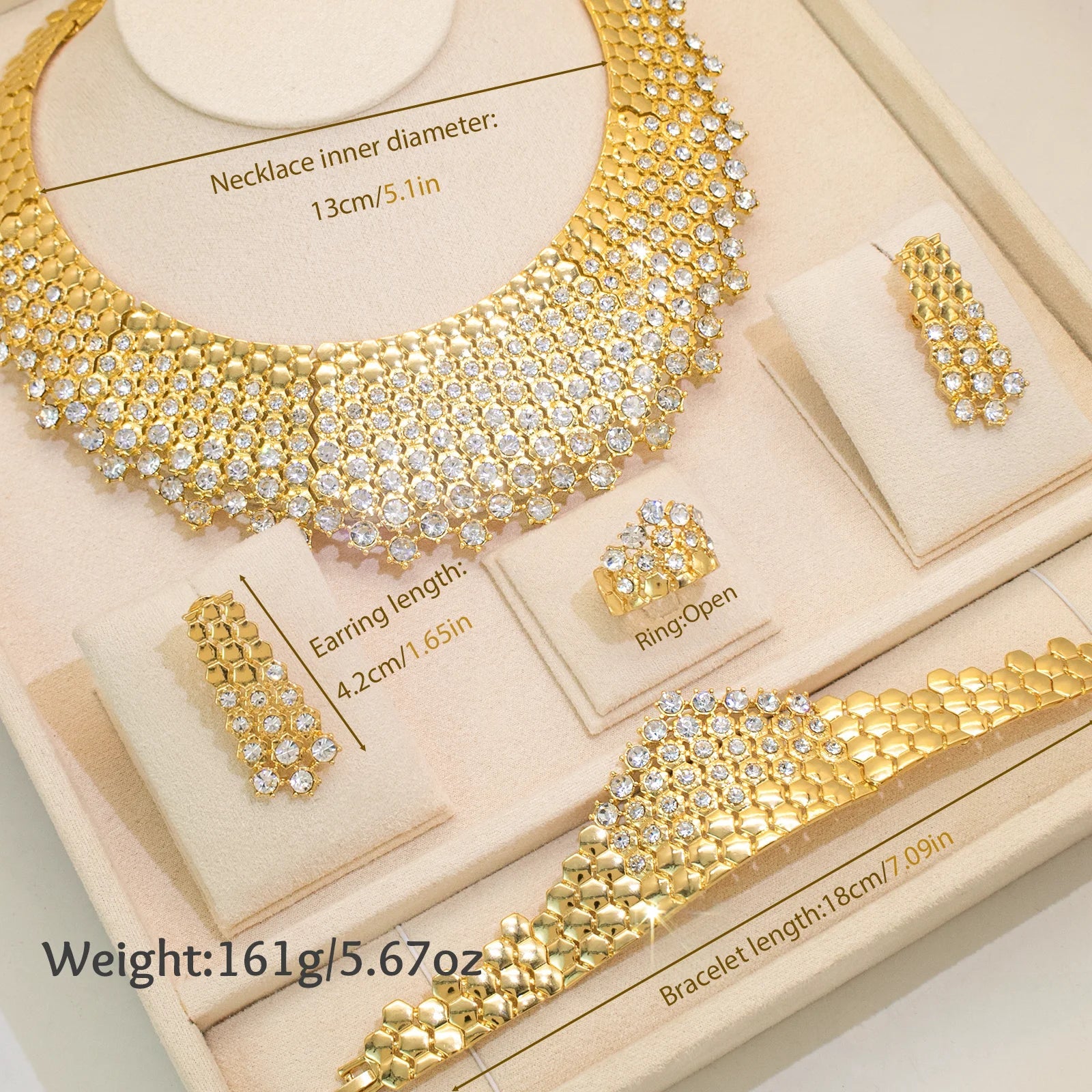 Shiny White Zircon Jewelry Set Italy Nigeria Wedding Jewellery 18K Gold Plated Big Necklace Bracelet Long Drop Earring