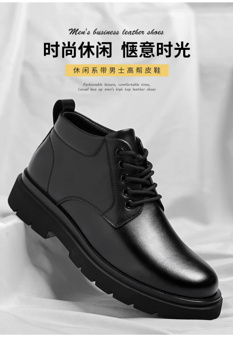Mens Black Leather Lace Up Mid Top Boots Winter Warm Formal Business Office Wedding Shoes Black Work Boots Fashionable Dad Shoes