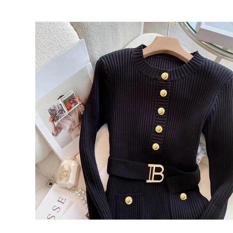 2025 Autumn Winter Women Knitted Dress Brand Fashion O-neck Buttons Bodycon Sweater Dress with Belt Lady Office Dress